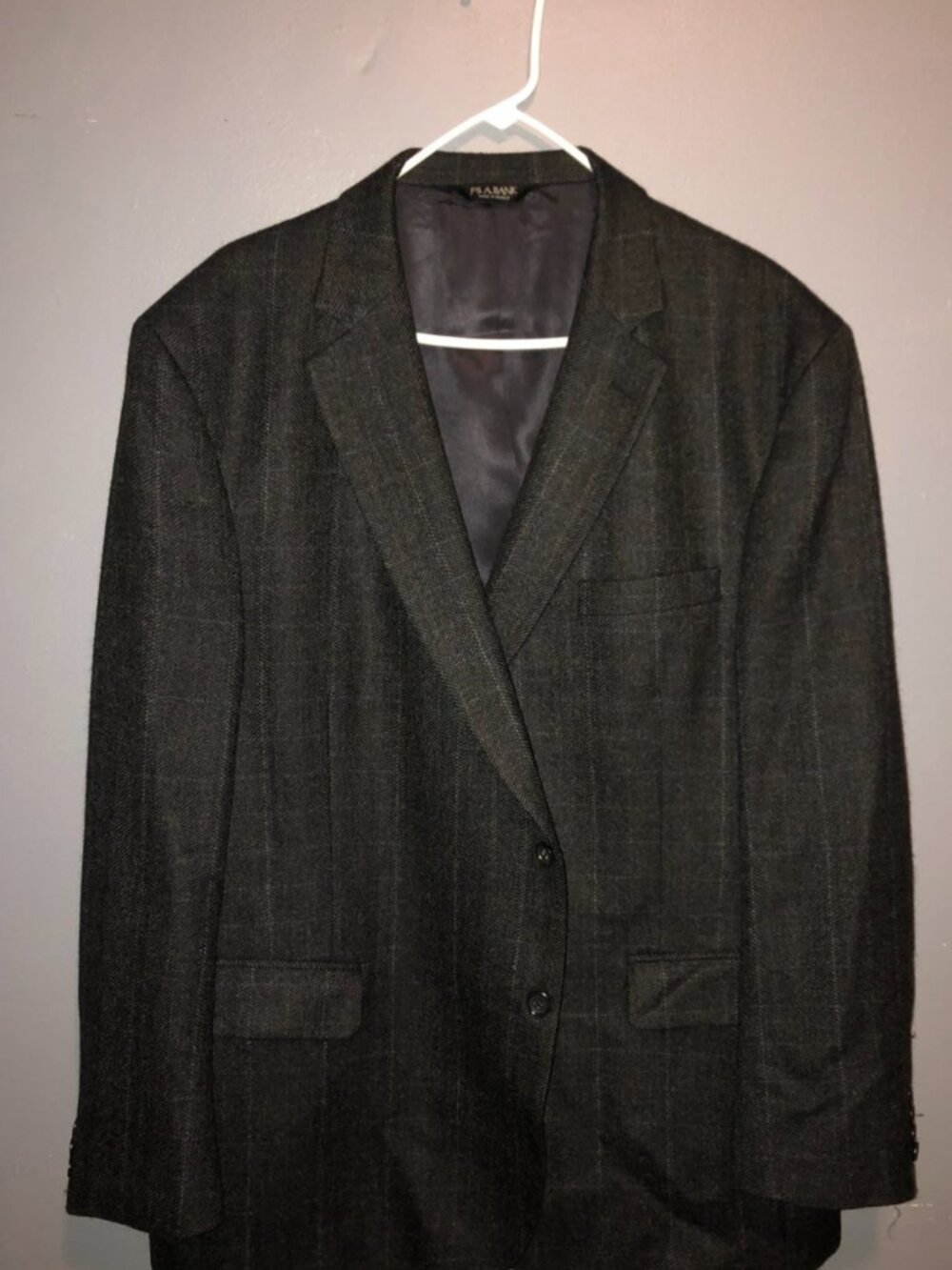 Jos A Bank Mens 100% Wool Blazer Sz 50R Windowpane Charcoal Sports Coat